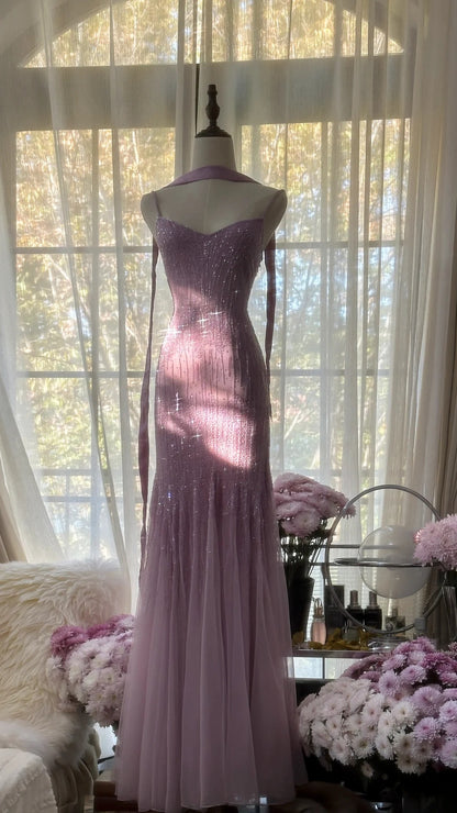 Elegant Purple  Spaghetti Straps  Party Dresses Sparking Beaded Mermaid Tulle Chiffon Long Prom Dresses  ED01778