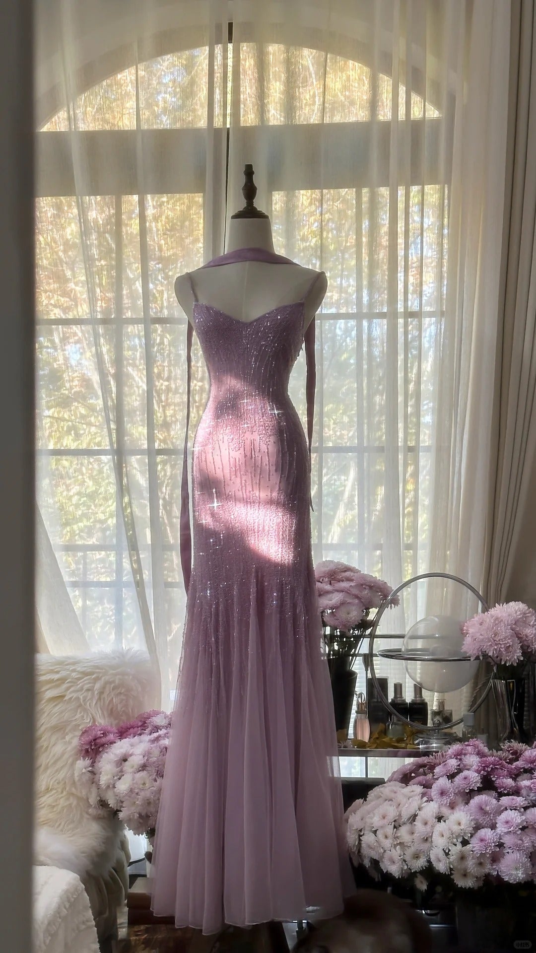 Elegant Purple  Spaghetti Straps  Party Dresses Sparking Beaded Mermaid Tulle Chiffon Long Prom Dresses  ED01778
