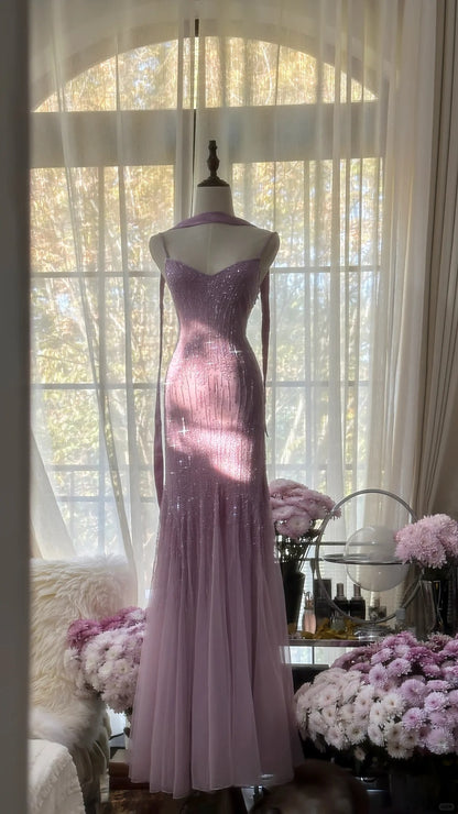 Elegant Purple  Spaghetti Straps  Party Dresses Sparking Beaded Mermaid Tulle Chiffon Long Prom Dresses  ED01778