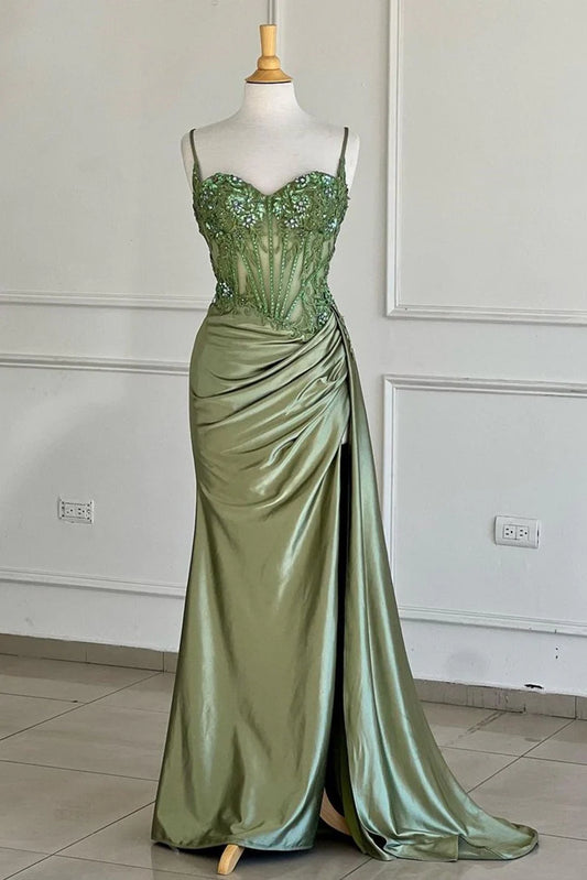 Robe de bal sirène vert sauge à bretelles spaghetti et paillettes, avec appliques et fente ED01779