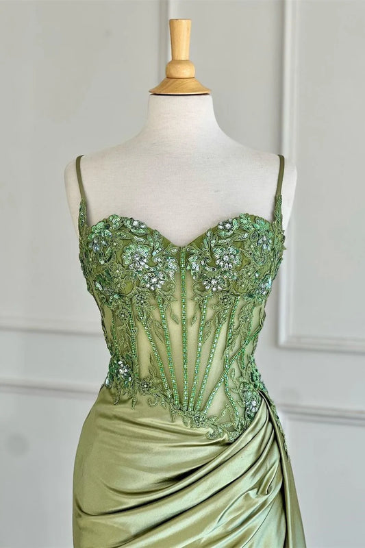 Robe de bal sirène vert sauge à bretelles spaghetti et paillettes, avec appliques et fente ED01779