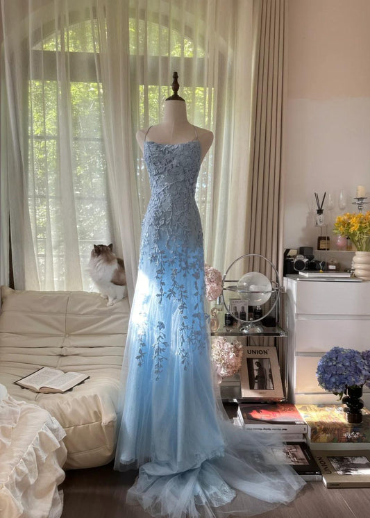 Robe de bal longue bleu ciel à bretelles spaghetti et dos nu, élégante, en tulle, avec appliques, ED01780