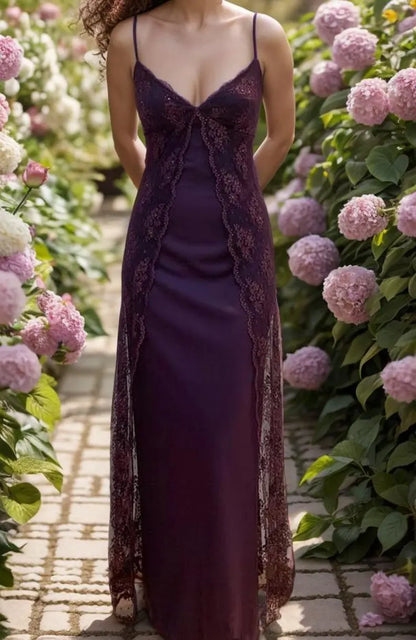 Vintage Grape Bodycon Party Dress 90s Spaghetti Straps Lace Prom Dress ED01781