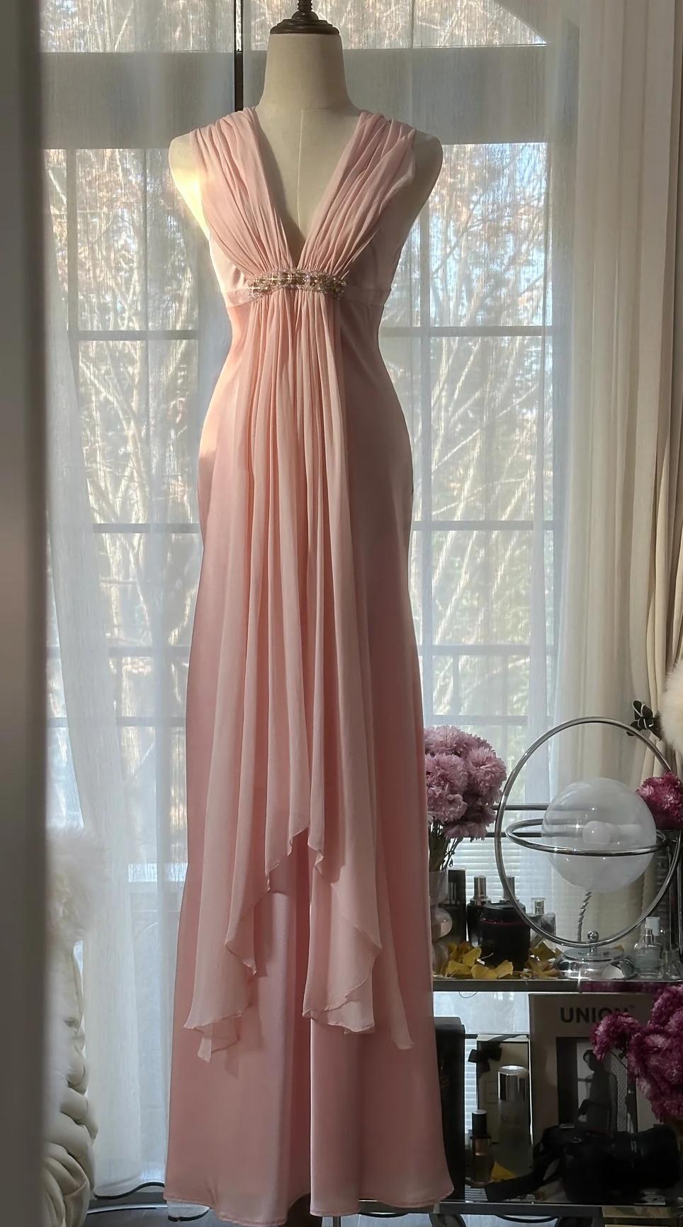 Robe de bal fourreau rose pâle en mousseline de soie, col en V, simple, ED01782