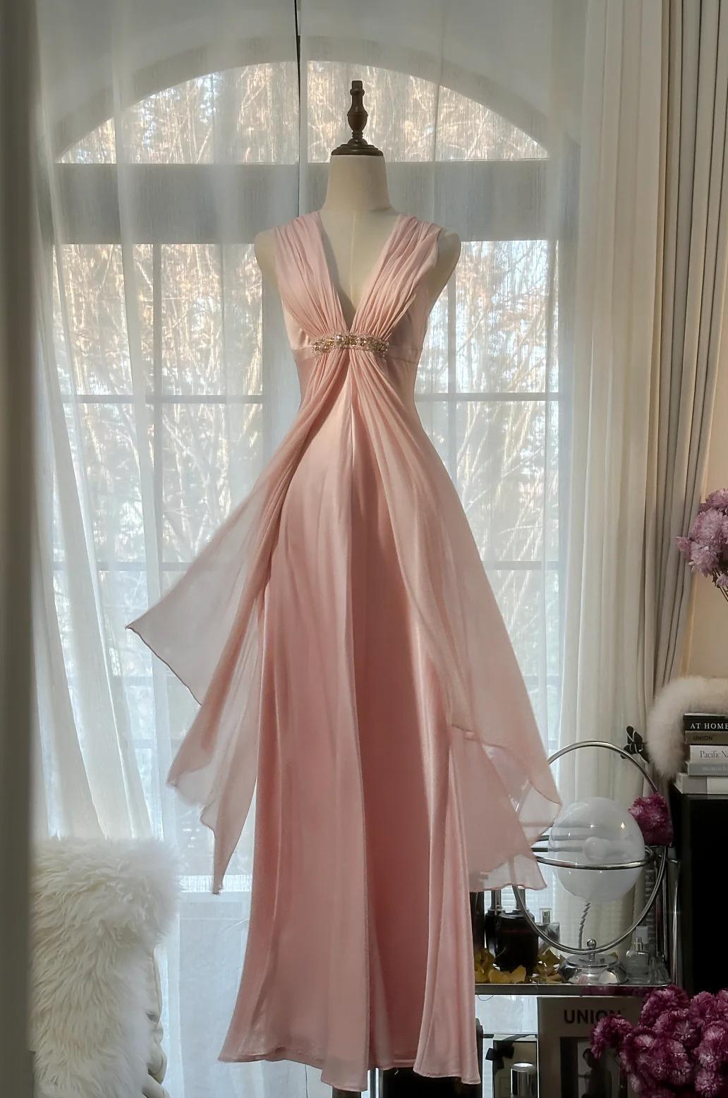 Robe de bal fourreau rose pâle en mousseline de soie, col en V, simple, ED01782