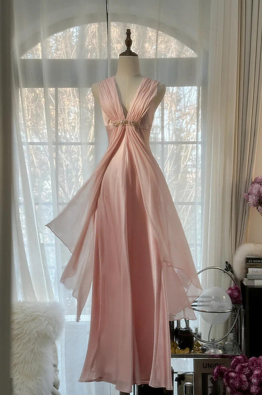 Robe de bal fourreau rose pâle en mousseline de soie, col en V, simple, ED01782