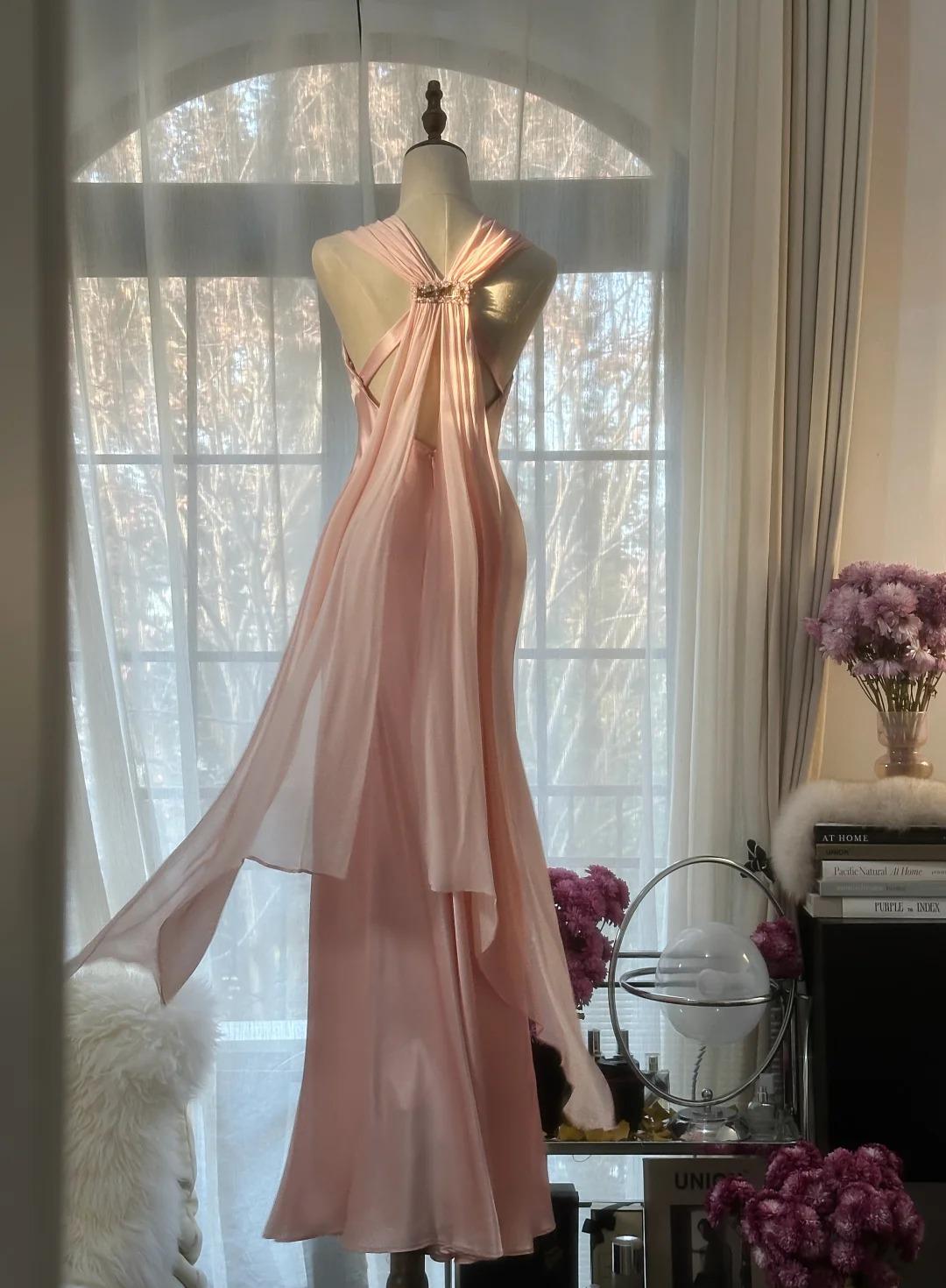 Robe de bal fourreau rose pâle en mousseline de soie, col en V, simple, ED01782