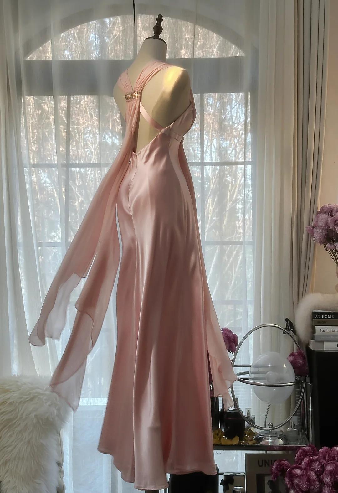 Robe de bal fourreau rose pâle en mousseline de soie, col en V, simple, ED01782