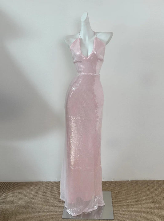 Robe de bal fourreau rose clair à paillettes et col en V, robe d'anniversaire ED01786