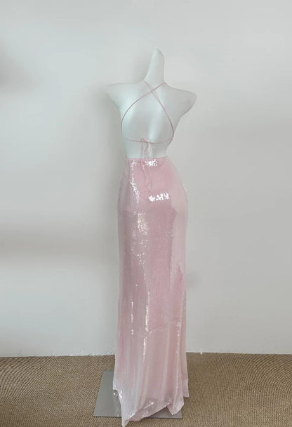 Robe de bal fourreau rose clair à paillettes et col en V, robe d'anniversaire ED01786