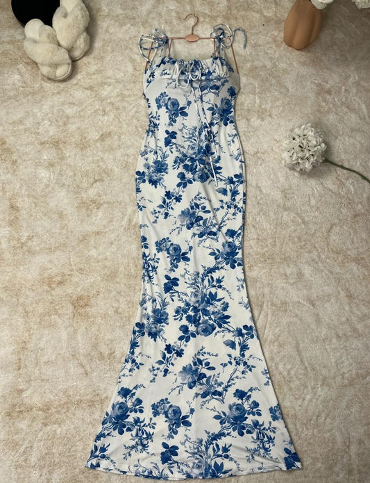 Robe de bal sirène en mousseline à bretelles fines et imprimé délicat ED01787