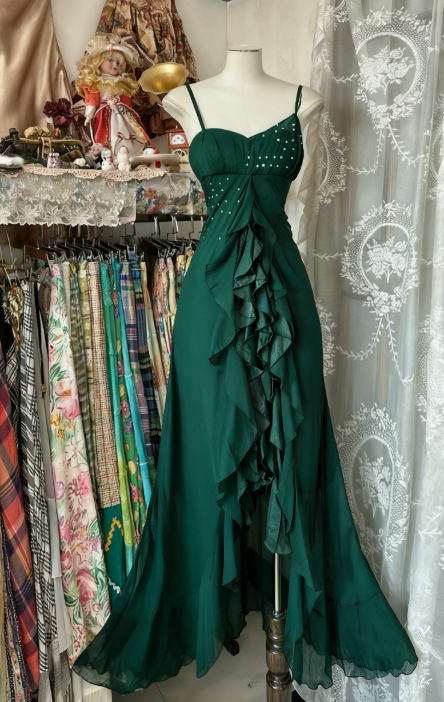 Elegant Black Chiffon Mermaid Party Dresses with Silt Spaghetti Straps Long Prom Dresses ED01788