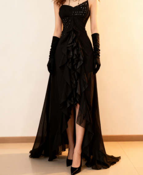 Elegant Black Chiffon Mermaid Party Dresses with Silt Spaghetti Straps Long Prom Dresses ED01788