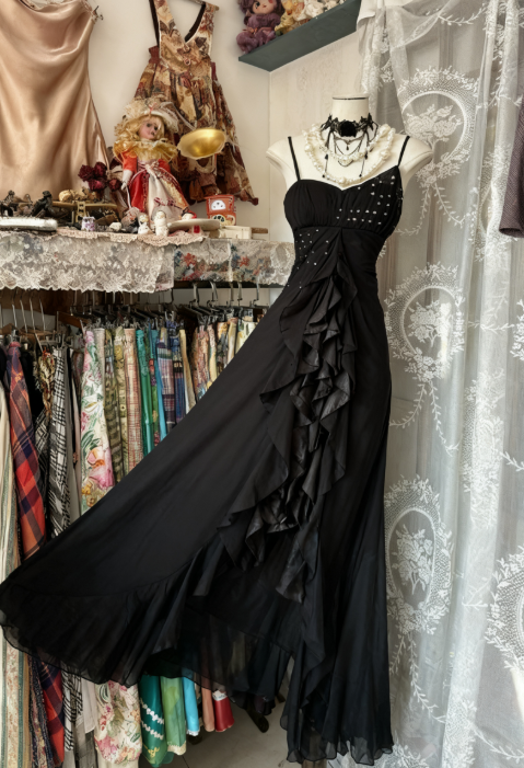 Elegant Black Chiffon Mermaid Party Dresses with Silt Spaghetti Straps Long Prom Dresses ED01788