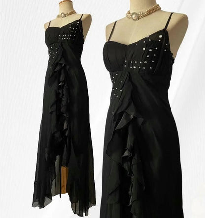 Robe de soirée sirène élégante en mousseline noire avec bretelles spaghetti et robe de bal longue ED01788