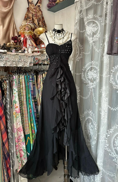 Black Spaghetti Strap Chiffon Backless Mermaid Gown with Diamonds