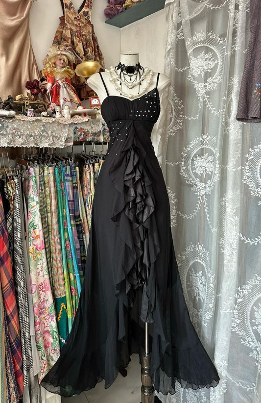 Black Spaghetti Strap Chiffon Backless Mermaid Gown with Diamonds