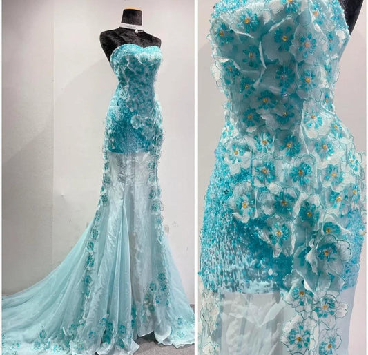 Robe de mariée longue en mousseline de soie bleu glacier ombré, sans bretelles, avec appliques et perles, robe de bal formelle ED01789