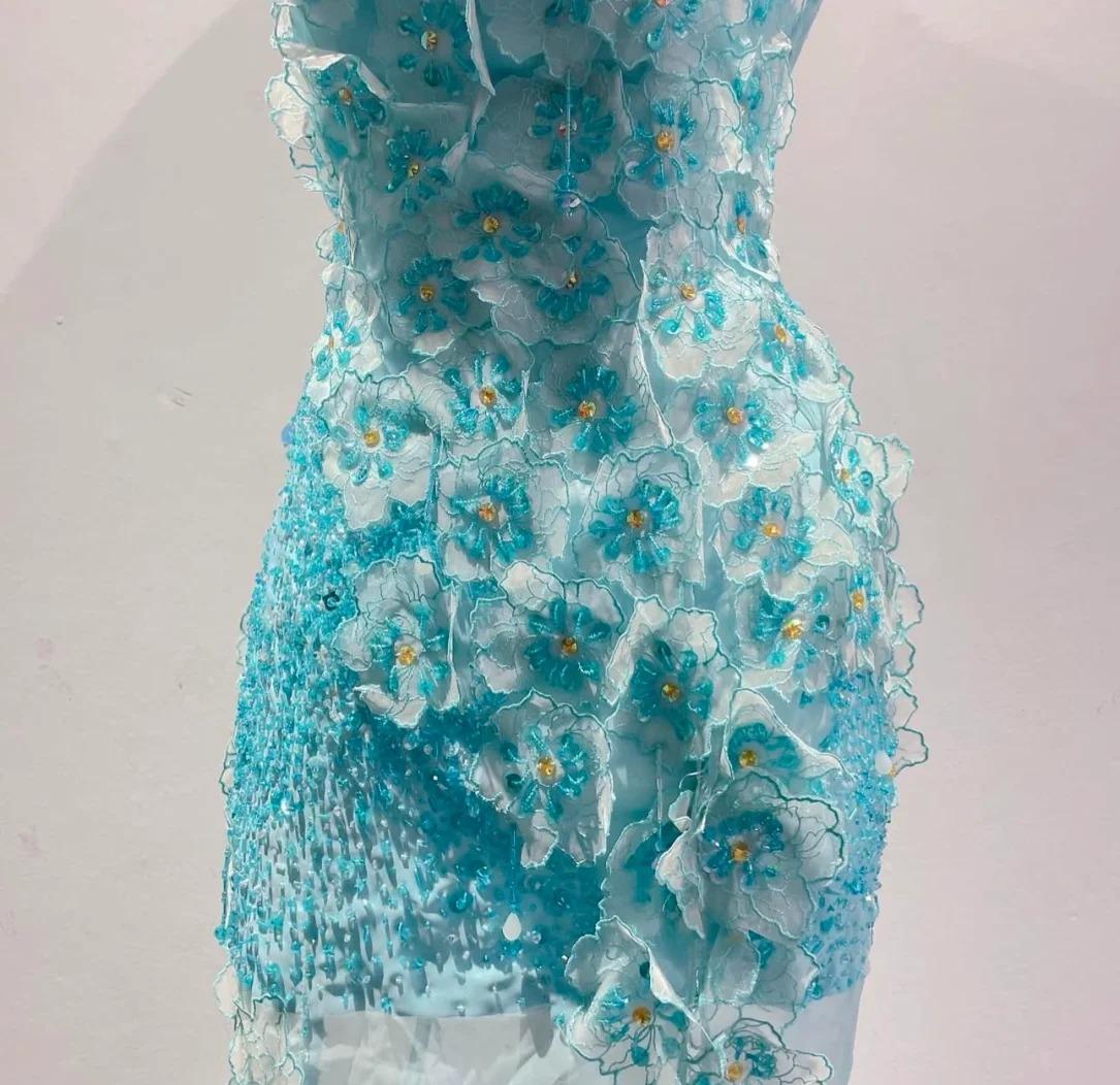 Eisblaues, trägerloses, langes Chiffon-Brautkleid im Meerjungfrauen-Stil mit Ombre-Effekt, Applikationen und Perlenbesatz, formelles Ballkleid ED01789