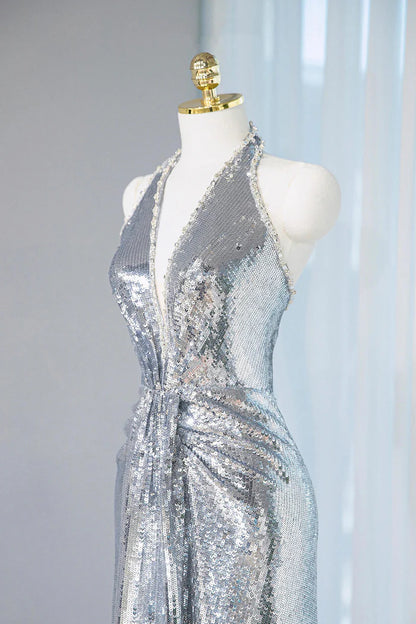 Robe de bal longue à paillettes argentées et col en V, robe de soirée brillante ED01793