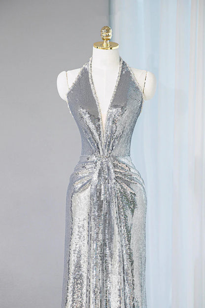 Robe de bal longue à paillettes argentées et col en V, robe de soirée brillante ED01793
