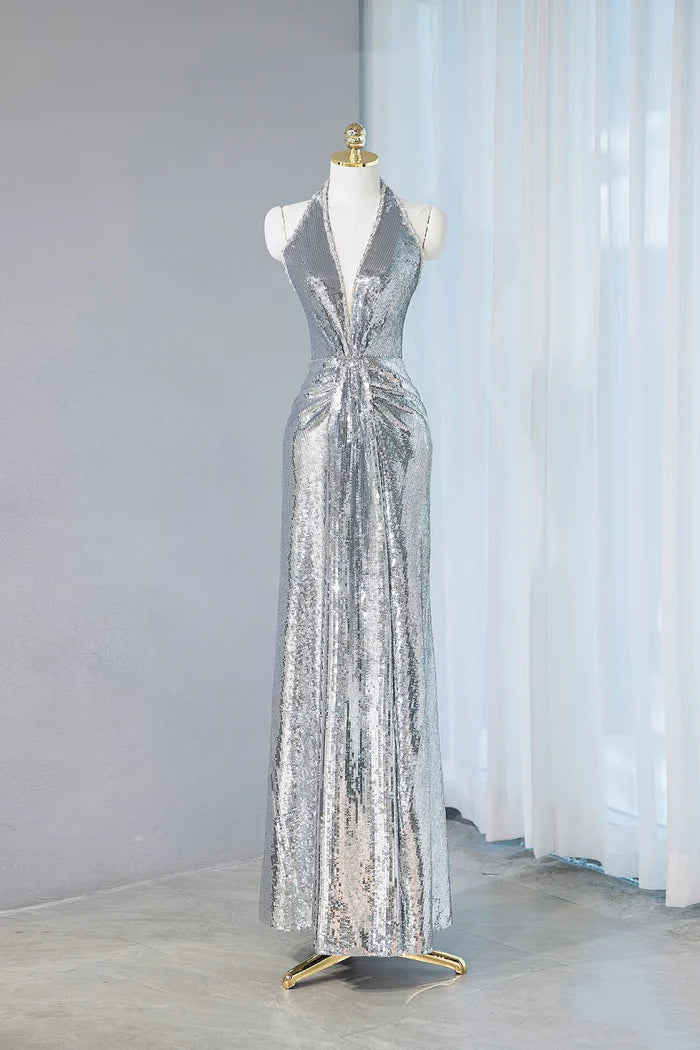 Robe de bal longue à paillettes argentées et col en V, robe de soirée brillante ED01793