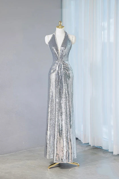 Robe de bal longue à paillettes argentées et col en V, robe de soirée brillante ED01793