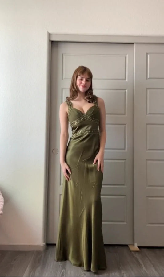 Olive Green Mermaid Spaghetti Straps Satin Beaded Long Prom Dress Evening Dress ED01795