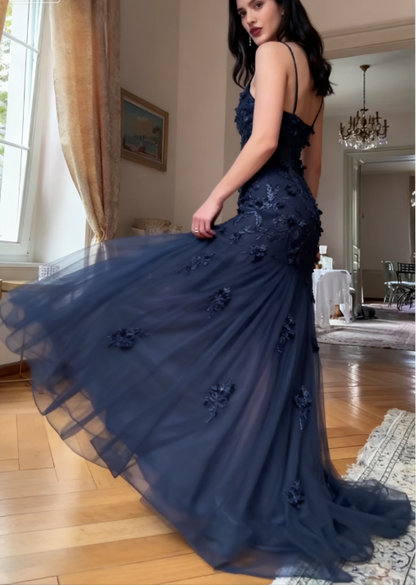 Elegant Blue Tulle A-Line Spaghetti Strap Appliqué Long Prom Dress Evening Dress ED01799