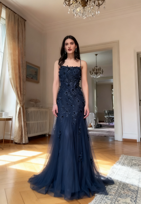 Elegant Blue Tulle A-Line Spaghetti Strap Appliqué Long Prom Dress Evening Dress ED01799