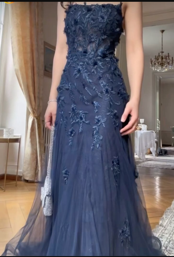 Elegant Blue Tulle A-Line Spaghetti Strap Appliqué Long Prom Dress Evening Dress ED01799
