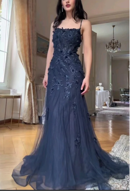 Elegant Blue Tulle A-Line Spaghetti Strap Appliqué Long Prom Dress Evening Dress ED01799