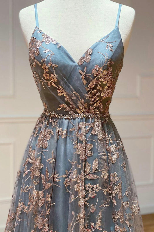 Grey A-Line Spaghetti Strap Tulle Long Prom Dress Sequins Evening Gown with Slits ED01800