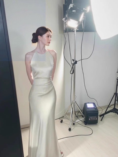 Robe de fiançailles en satin blanc cassé à col licou, robe d'anniversaire ED01802