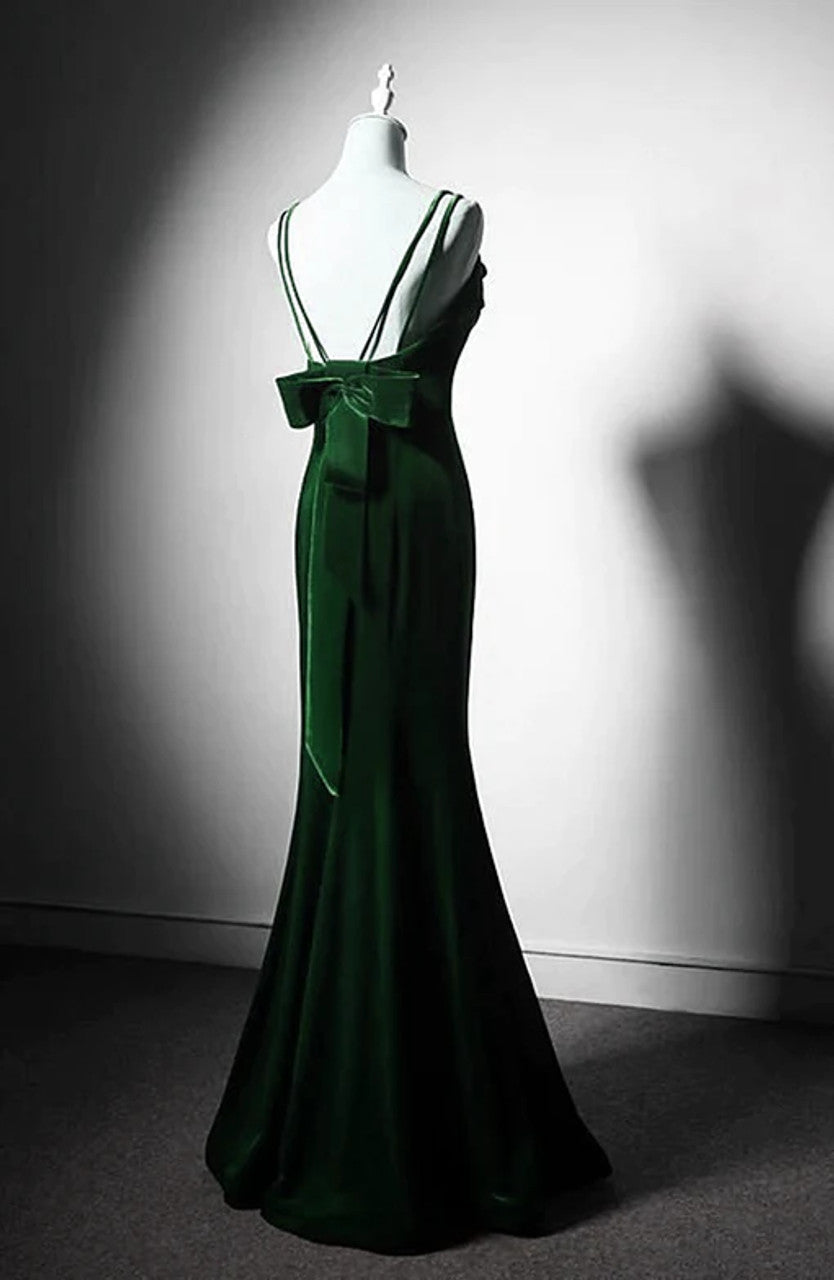 Robe de bal longue en velours vert foncé style sirène vintage à bretelles spaghetti ED01803