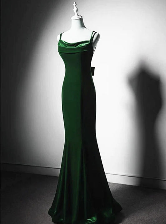 Robe de bal longue en velours vert foncé style sirène vintage à bretelles spaghetti ED01803