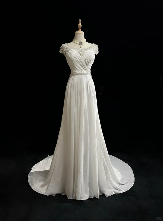 Weißes elegantes A-Linie Chiffon V-Ausschnitt langes Ballkleid mit Perlenbesatz schlichtes Brautkleid ED01804