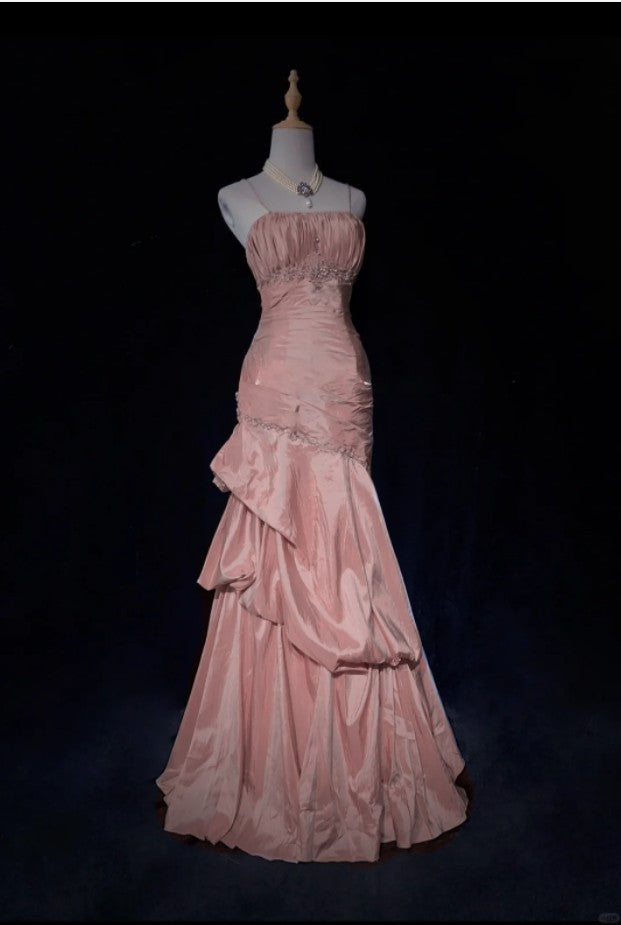 🩷Gentle Pink Mermaid Spaghetti Straps Satin Pleated Layered  Prom Dress with Beading 