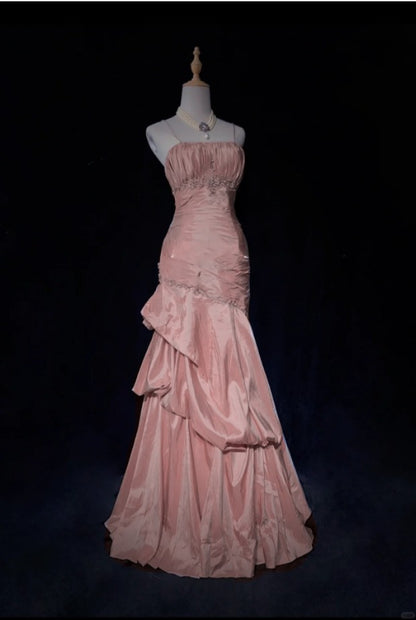 🩷Gentle Pink Mermaid Spaghetti Straps Satin Pleated Layered  Prom Dress with Beading 