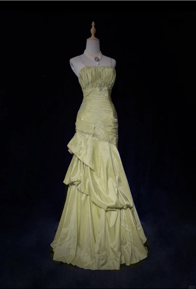 yellow Mermaid Spaghetti Straps Satin Pleated Layered  Prom Dress with Beading 