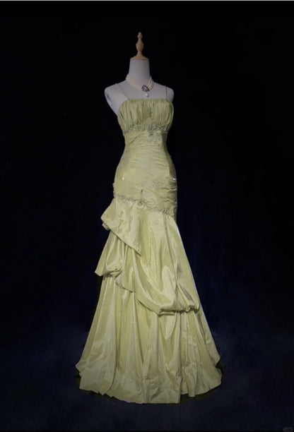 yellow Mermaid Spaghetti Straps Satin Pleated Layered  Prom Dress with Beading 