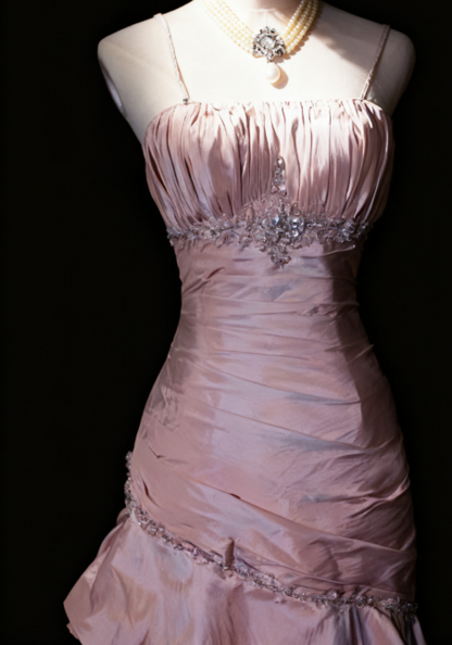 Gentle Pink Prom Dress  Long Mermaid Birthday Dress Spaghetti Straps Satin Pleated with Beading Layered Evening Dress ED01805