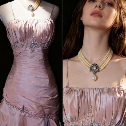 Robe de soirée sirène à bretelles spaghetti, robe de bal plissée en satin rose avec perles ED01805