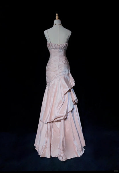 Gentle Pink Prom Dress  Long Mermaid Birthday Dress Spaghetti Straps Satin Pleated with Beading Layered Evening Dress ED01805