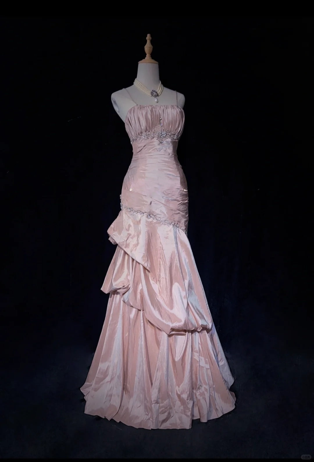 🩷Gentle Pink Mermaid Spaghetti Straps Satin Pleated Prom Dress with Beading Layered  