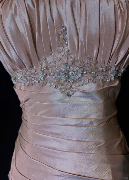 Gentle Pink Prom Dress  Long Mermaid Birthday Dress Spaghetti Straps Satin Pleated with Beading Layered Evening Dress ED01805