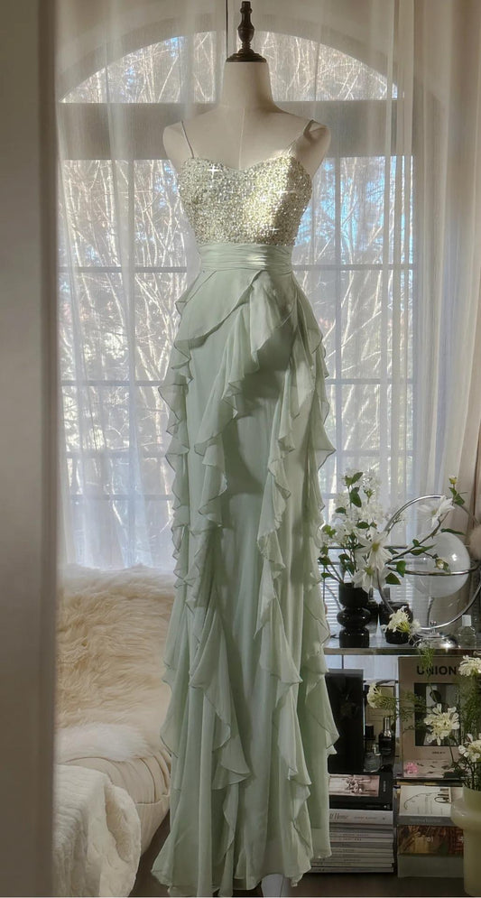 Robe de bal fourreau en mousseline de soie, bretelles spaghetti, volants, avec perles, robe de soirée ED01806