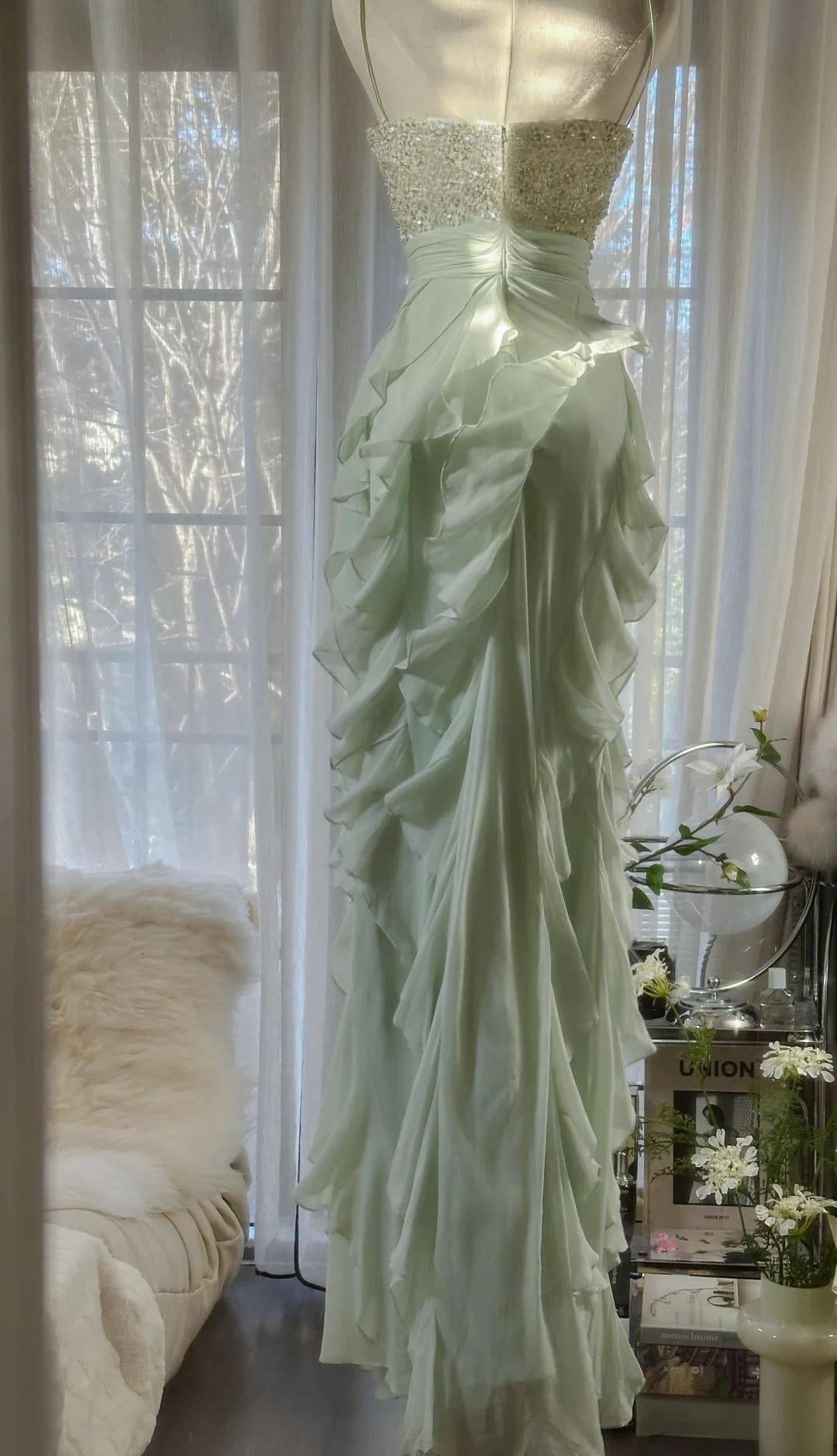 Robe de bal fourreau en mousseline de soie, bretelles spaghetti, volants, avec perles, robe de soirée ED01806