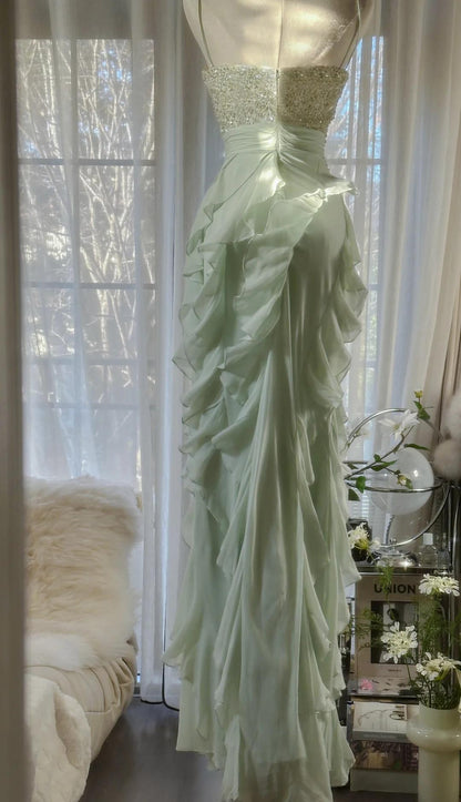 Robe de bal fourreau en mousseline de soie, bretelles spaghetti, volants, avec perles, robe de soirée ED01806