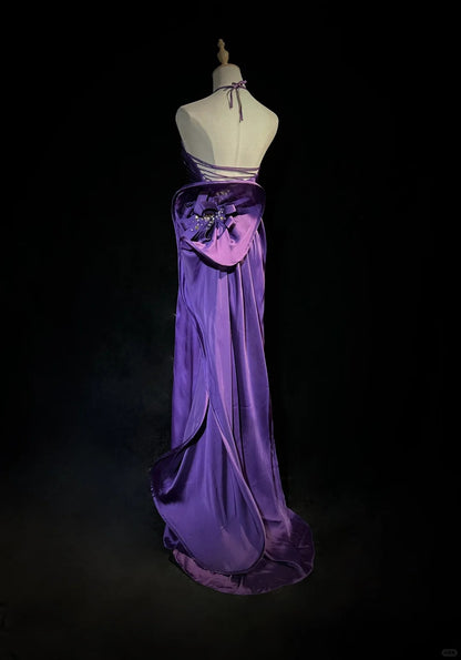 Robe de bal en satin violet à bretelles spaghetti et dos nu, robe de soirée ED01807